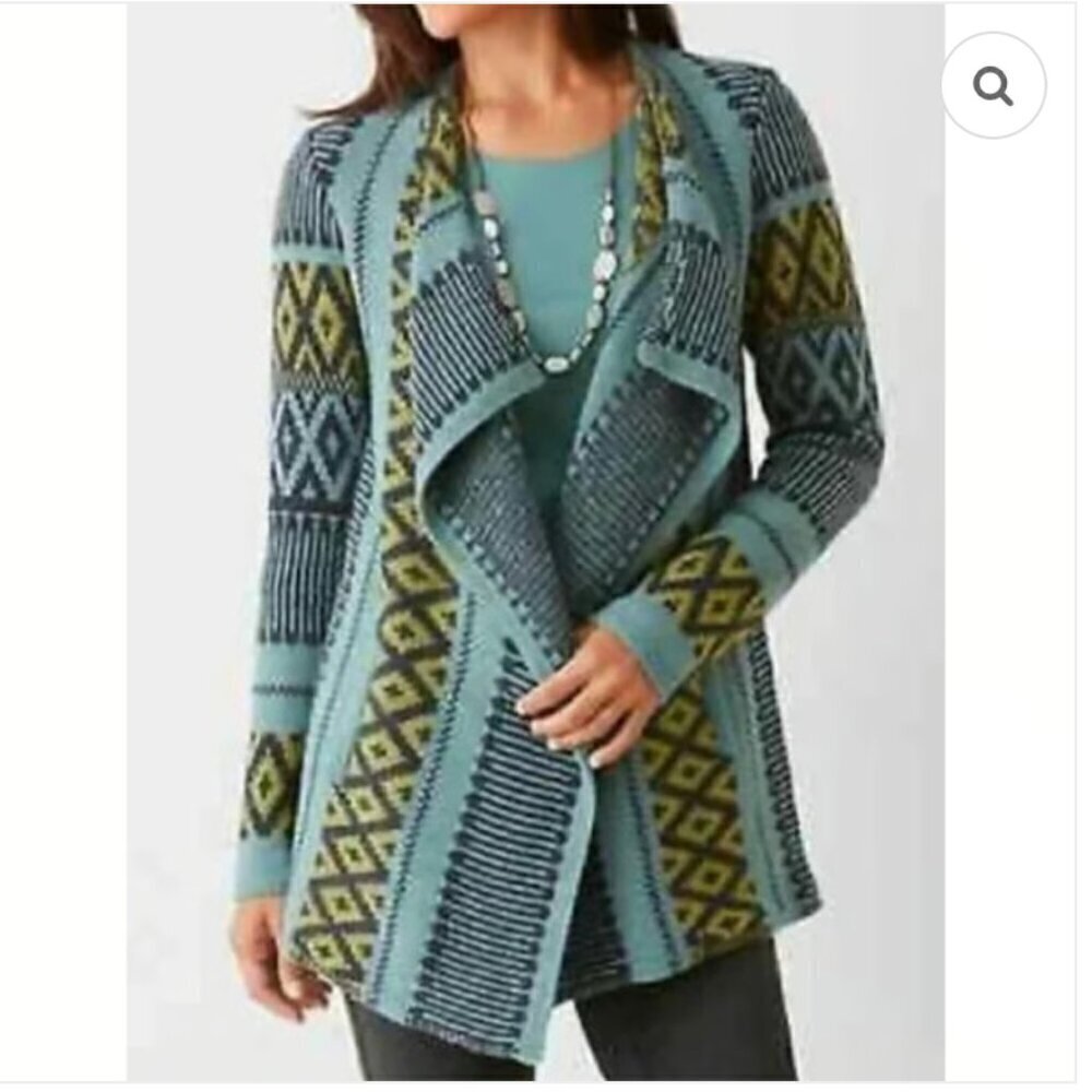 J. Jill Women's Size Large Open Front Waterfall Cardigan Blue Green Geometric
